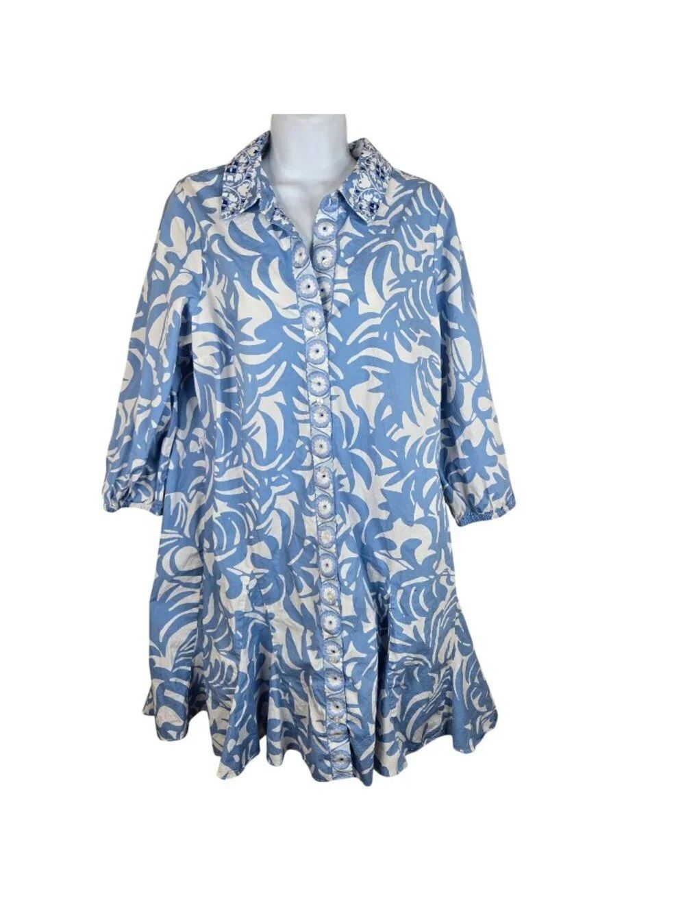 MSK Blue White Button Front Tunic Dress Womens Size L